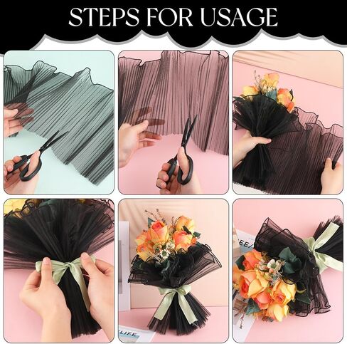 Black Flower Wrapping Mesh Paper 4 Yards Bouquet Ruffle Yarn Korean Style Wrinkle Wrapping Paper White Floral Papers Flower Bouquet Florist Supplies for Valentines Wedding DIY Crafts in Saudi Arabia