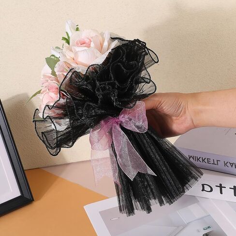 Black Flower Wrapping Mesh Paper 4 Yards Bouquet Ruffle Yarn Korean Style Wrinkle Wrapping Paper White Floral Papers Flower Bouquet Florist Supplies for Valentines Wedding DIY Crafts in Saudi Arabia