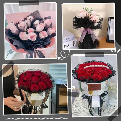 Black Flower Wrapping Mesh Paper 4 Yards Bouquet Ruffle Yarn Korean Style Wrinkle Wrapping Paper White Floral Papers Flower Bouquet Florist Supplies for Valentines Wedding DIY Crafts in Saudi Arabia