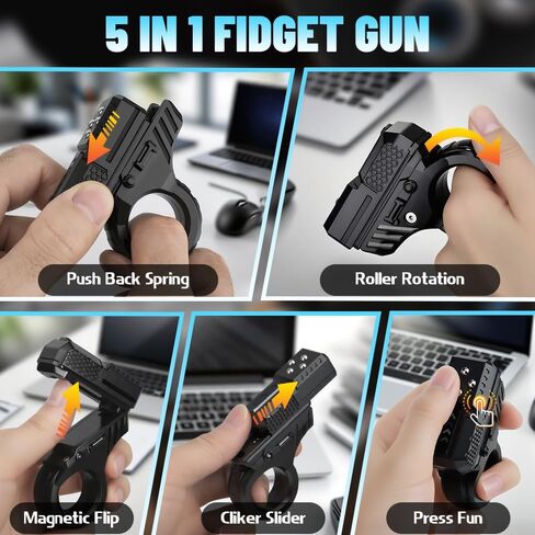 3D Fidget Slider Gun Toy for Kids Adults, Fidget Ring Pistol, Plastic 5 in 1 EDC Fidget Spinner Desk Toy for Stress Relief, Finger Hand Roller Gifts for Office Classroom Boys Men in Saudi Arabia