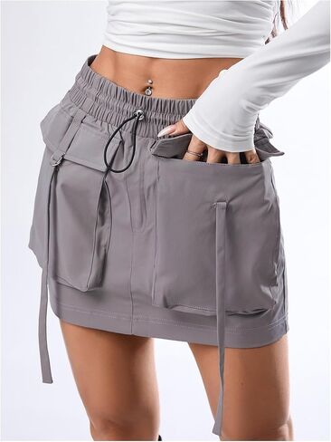WDIRARA Women's Drawstring Elastic Waist Streetwear Mini Cargo Skirt with Pockets in Saudi Arabia