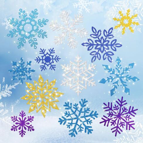Fancy Land 48 Pcs Snowflake Cutouts Glitter Paper Snowflakes Blue Sliver Golden Purple Double Sided Snowflake Decorations Holiday Christmas Classroom Winter Decoration for Home Office School in Saudi Arabia