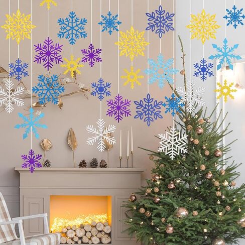 Fancy Land 48 Pcs Snowflake Cutouts Glitter Paper Snowflakes Blue Sliver Golden Purple Double Sided Snowflake Decorations Holiday Christmas Classroom Winter Decoration for Home Office School in Saudi Arabia