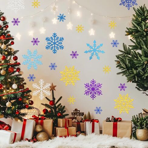 Fancy Land 48 Pcs Snowflake Cutouts Glitter Paper Snowflakes Blue Sliver Golden Purple Double Sided Snowflake Decorations Holiday Christmas Classroom Winter Decoration for Home Office School in Saudi Arabia