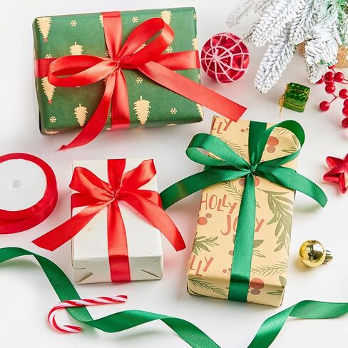 4 Rolls 100 Yards Christmas Ribbon 3/8 Inch Metallic Glitter Fabric Holiday Festival Satin Ribbons Wide for Gift Wrapping Decoration (Red,Green,Gold,Silver) in Kuwait