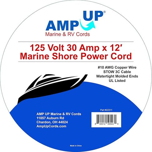 حبال Amp Up Marine & RV 125 فولت 30 أمبير × 50 بوصة سلك تمديد قارب الطاقة البحري، 50 قدم - 21315 in Saudi Arabia