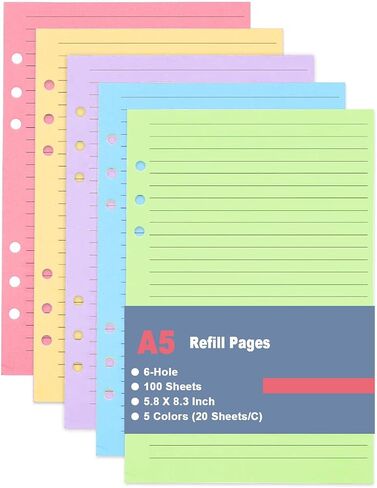 إعادة تعبئة الورق المبطن A6 6 حلقات، حشو A6 5 ورق خط ملون من Filofax مخطط شخصي، صفحات مسطرة 100 جرام في المتر المربع، 100 ورقة/200 صفحة، لكل لون 20 ورقة، 3.75 × 6.75 بوصة in Kuwait