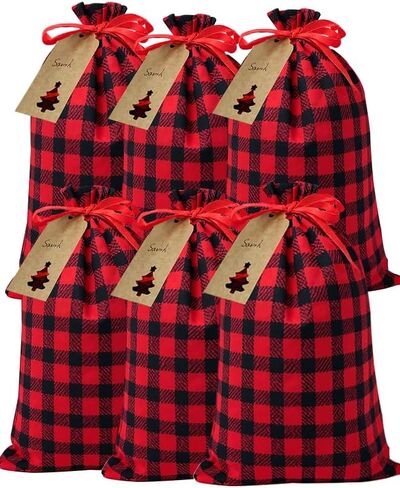 Eylola 6 Pieces 11.8 x 15.7 inch Christmas Buffalo Plaid Drawstring Bag Cotton Xmas Bag Plaid Present Bag Christmas Santa Sack Xmas Stocking Bag Party Supplies (Green and Black) in Kuwait