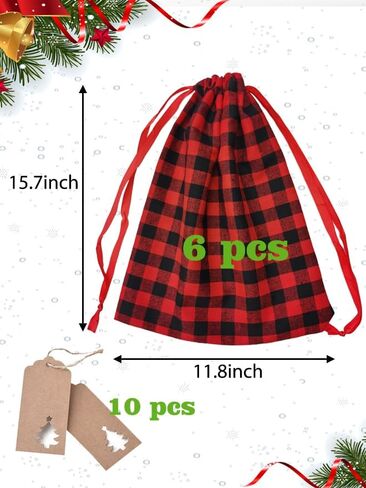 Eylola 6 Pieces 11.8 x 15.7 inch Christmas Buffalo Plaid Drawstring Bag Cotton Xmas Bag Plaid Present Bag Christmas Santa Sack Xmas Stocking Bag Party Supplies (Green and Black) in Kuwait