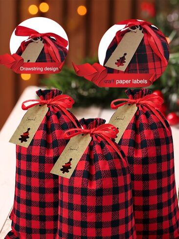 Eylola 6 Pieces 11.8 x 15.7 inch Christmas Buffalo Plaid Drawstring Bag Cotton Xmas Bag Plaid Present Bag Christmas Santa Sack Xmas Stocking Bag Party Supplies (Green and Black) in Kuwait