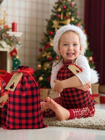 Eylola 6 Pieces 11.8 x 15.7 inch Christmas Buffalo Plaid Drawstring Bag Cotton Xmas Bag Plaid Present Bag Christmas Santa Sack Xmas Stocking Bag Party Supplies (Green and Black) in Kuwait