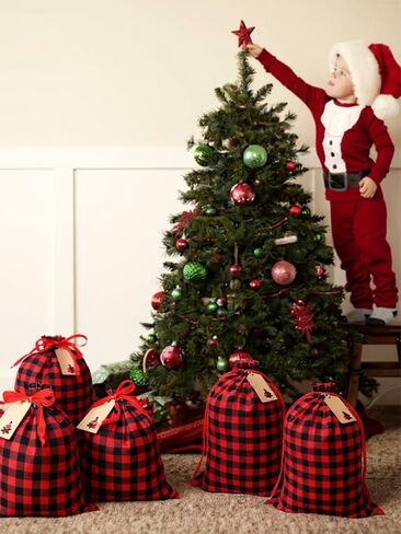 Eylola 6 Pieces 11.8 x 15.7 inch Christmas Buffalo Plaid Drawstring Bag Cotton Xmas Bag Plaid Present Bag Christmas Santa Sack Xmas Stocking Bag Party Supplies (Green and Black) in Kuwait