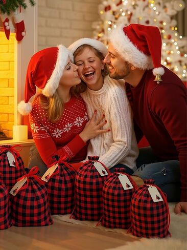 Eylola 6 Pieces 11.8 x 15.7 inch Christmas Buffalo Plaid Drawstring Bag Cotton Xmas Bag Plaid Present Bag Christmas Santa Sack Xmas Stocking Bag Party Supplies (Green and Black) in Kuwait