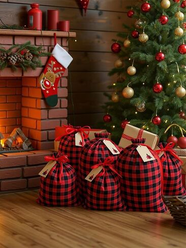 Eylola 6 Pieces 11.8 x 15.7 inch Christmas Buffalo Plaid Drawstring Bag Cotton Xmas Bag Plaid Present Bag Christmas Santa Sack Xmas Stocking Bag Party Supplies (Green and Black) in Kuwait