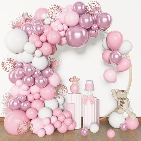 Amandir 144Pcs Pink Balloons Garland Arch Kit Light Pink Gold White Balloons Confetti Latex Metallic Balloons for Girl Birthday Baby Shower Wedding Party Decorations Supplies in Kuwait
