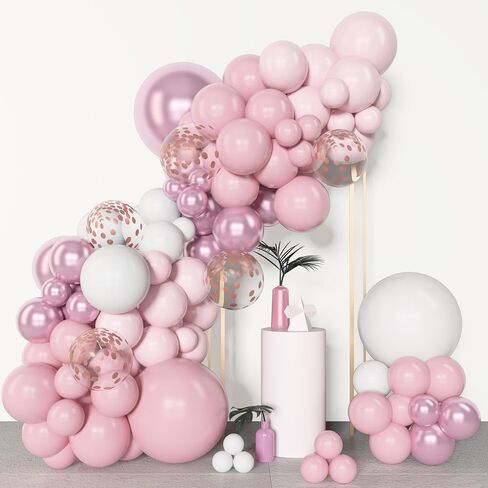 Amandir 144Pcs Pink Balloons Garland Arch Kit Light Pink Gold White Balloons Confetti Latex Metallic Balloons for Girl Birthday Baby Shower Wedding Party Decorations Supplies in Kuwait