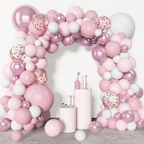 Amandir 144Pcs Pink Balloons Garland Arch Kit Light Pink Gold White Balloons Confetti Latex Metallic Balloons for Girl Birthday Baby Shower Wedding Party Decorations Supplies in Kuwait