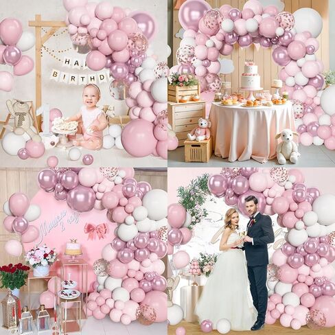 Amandir 144Pcs Pink Balloons Garland Arch Kit Light Pink Gold White Balloons Confetti Latex Metallic Balloons for Girl Birthday Baby Shower Wedding Party Decorations Supplies in Kuwait