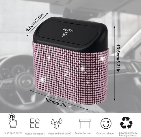 Car Trash Can – Mini Car Garbage Bin with Lid, Sparkling Crystal Rhinestones, Universal Auto Trash Storage, Stylish Car Interior Accessories for Women (Pink) in Kuwait
