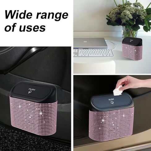 Car Trash Can – Mini Car Garbage Bin with Lid, Sparkling Crystal Rhinestones, Universal Auto Trash Storage, Stylish Car Interior Accessories for Women (Pink) in Kuwait