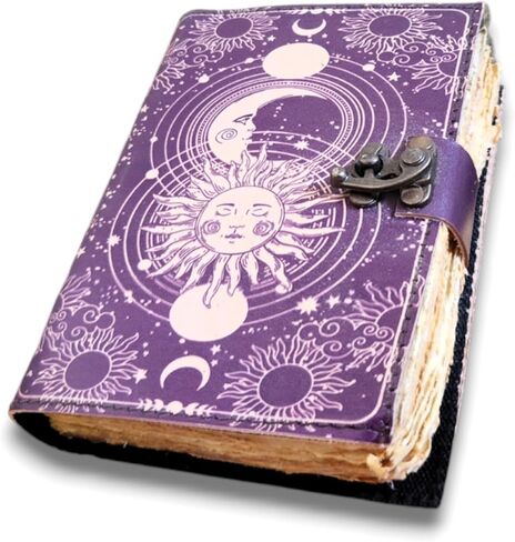 Finun-Lthr Personalized Gift Sun Moon Leather Journal Sketchbook with Vintage 200 deckle edge Handmade Paper and C-Lock closure (Purple, 7 * 5inch) [Office Product] in Saudi Arabia