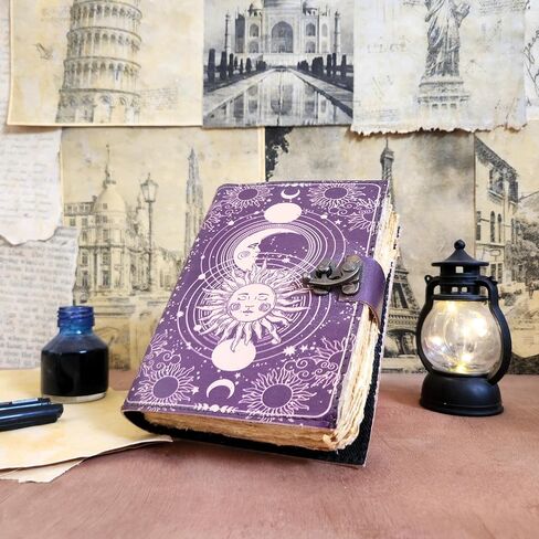 Finun-Lthr Personalized Gift Sun Moon Leather Journal Sketchbook with Vintage 200 deckle edge Handmade Paper and C-Lock closure (Purple, 7 * 5inch) [Office Product] in Saudi Arabia