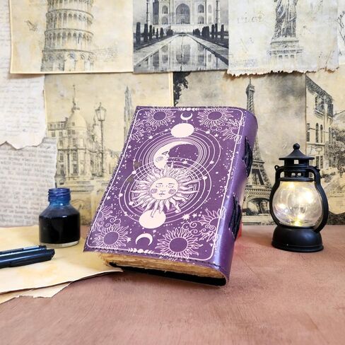 Finun-Lthr Personalized Gift Sun Moon Leather Journal Sketchbook with Vintage 200 deckle edge Handmade Paper and C-Lock closure (Purple, 7 * 5inch) [Office Product] in Saudi Arabia