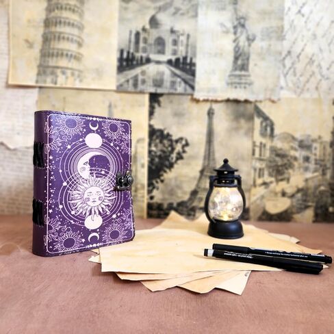 Finun-Lthr Personalized Gift Sun Moon Leather Journal Sketchbook with Vintage 200 deckle edge Handmade Paper and C-Lock closure (Purple, 7 * 5inch) [Office Product] in Saudi Arabia