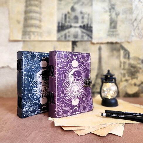 Finun-Lthr Personalized Gift Sun Moon Leather Journal Sketchbook with Vintage 200 deckle edge Handmade Paper and C-Lock closure (Purple, 7 * 5inch) [Office Product] in Saudi Arabia