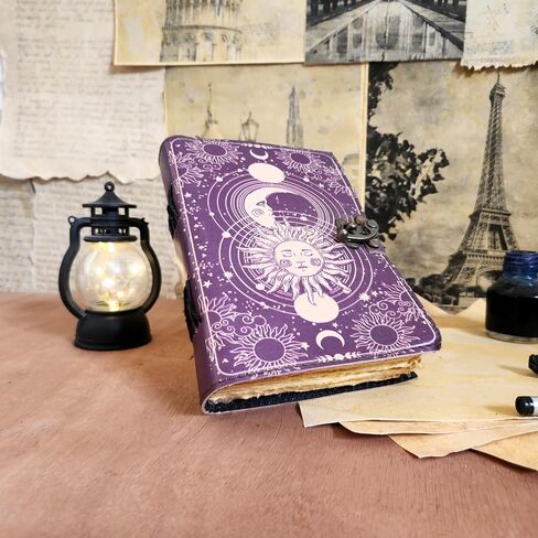 Finun-Lthr Personalized Gift Sun Moon Leather Journal Sketchbook with Vintage 200 deckle edge Handmade Paper and C-Lock closure (Purple, 7 * 5inch) [Office Product] in Saudi Arabia