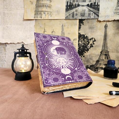 Finun-Lthr Personalized Gift Sun Moon Leather Journal Sketchbook with Vintage 200 deckle edge Handmade Paper and C-Lock closure (Purple, 7 * 5inch) [Office Product] in Saudi Arabia