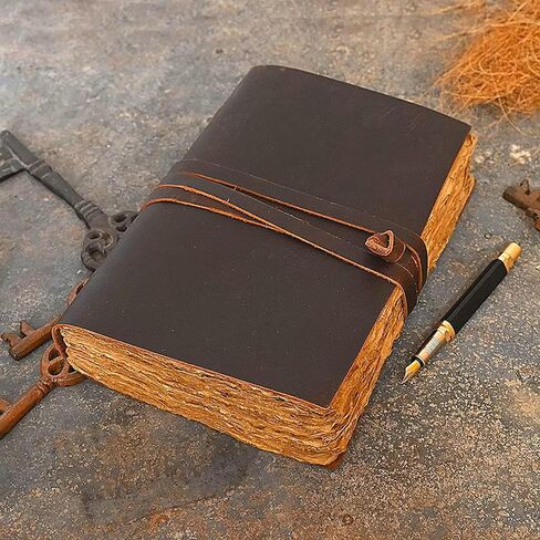 Finun-Lthr Handmade Leather Sketchbook Journal Diary (6 x 4.5 inch) Personalized | 200 Deckle Edge Pages | Lace Tie Wrap | Rustic Travel Size Gift in Saudi Arabia