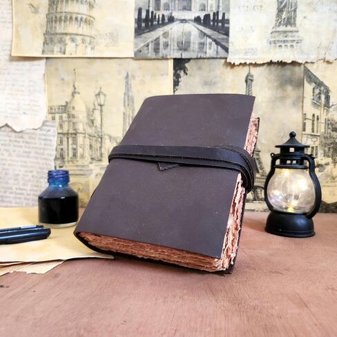 Finun-Lthr Handmade Leather Sketchbook Journal Diary (6 x 4.5 inch) Personalized | 200 Deckle Edge Pages | Lace Tie Wrap | Rustic Travel Size Gift in Saudi Arabia