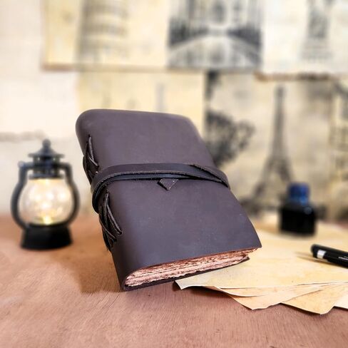 Finun-Lthr Handmade Leather Sketchbook Journal Diary (6 x 4.5 inch) Personalized | 200 Deckle Edge Pages | Lace Tie Wrap | Rustic Travel Size Gift in Saudi Arabia