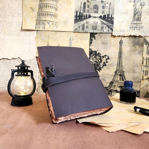 Finun-Lthr Handmade Leather Sketchbook Journal Diary (6 x 4.5 inch) Personalized | 200 Deckle Edge Pages | Lace Tie Wrap | Rustic Travel Size Gift in Saudi Arabia