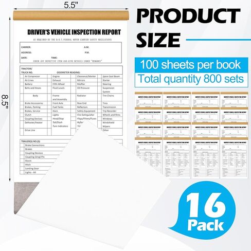800 Sets (16-Pack) Detailed Driver's Vehicle Inspection Report 8.5" x 5.5" Daily Pre Trip Inspection Book with 2-ply Carbonless Driver Log Forms for Truck Drivers(50 Sets Each Book) in Saudi Arabia