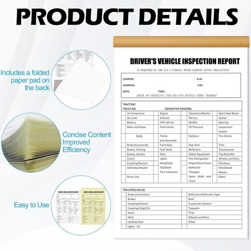 800 Sets (16-Pack) Detailed Driver's Vehicle Inspection Report 8.5" x 5.5" Daily Pre Trip Inspection Book with 2-ply Carbonless Driver Log Forms for Truck Drivers(50 Sets Each Book) in Saudi Arabia