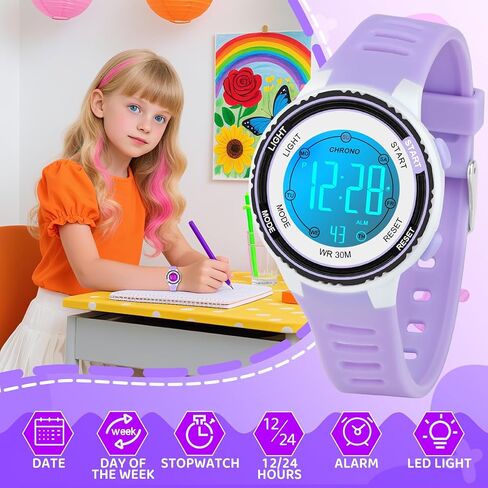 DTKID Digital kids Watch,waterproof 3ATM,Easy to Read,7 Color Lights,Time Teaching Watch for Boys,Soft Band Wrist Watch for Girls Boys in Kuwait