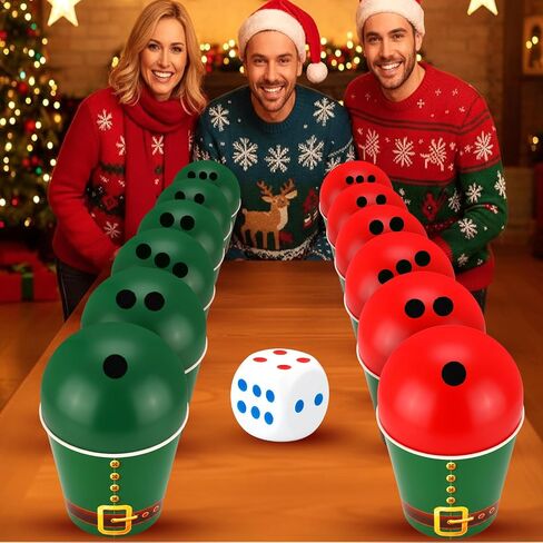 12 Set Christmas Party Dice Game Includes Empty Christmas Paper Buckets, Large Dice, Red and Green Balloons, Black Markers for Xmas Holiday Party Activities Supplies for Family Indoor Games in Saudi Arabia