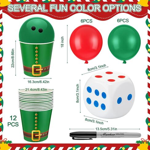 12 Set Christmas Party Dice Game Includes Empty Christmas Paper Buckets, Large Dice, Red and Green Balloons, Black Markers for Xmas Holiday Party Activities Supplies for Family Indoor Games in Saudi Arabia