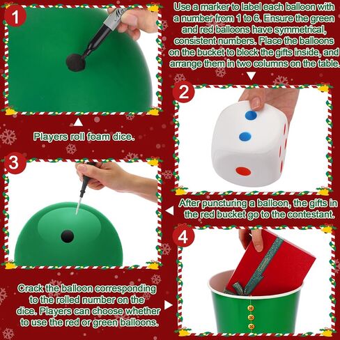 12 Set Christmas Party Dice Game Includes Empty Christmas Paper Buckets, Large Dice, Red and Green Balloons, Black Markers for Xmas Holiday Party Activities Supplies for Family Indoor Games in Saudi Arabia