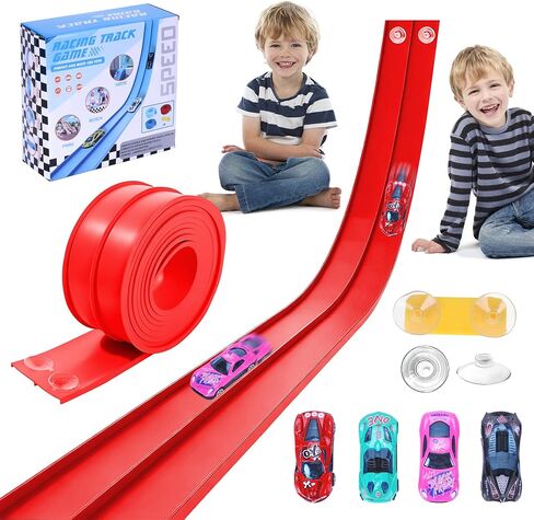 Flexible Race Car Ramp Track for Kids Toy 4 Small Race Cars and 8 Suction Cups Compatible with Hot Wheels and Diecast 1/64th Cars, Rolls Up Portable Racetrack for Ages 3 & Up (Red) in Saudi Arabia