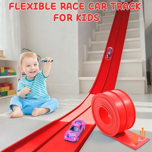 Flexible Race Car Ramp Track for Kids Toy 4 Small Race Cars and 8 Suction Cups Compatible with Hot Wheels and Diecast 1/64th Cars, Rolls Up Portable Racetrack for Ages 3 & Up (Red) in Saudi Arabia