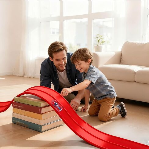 Flexible Race Car Ramp Track for Kids Toy 4 Small Race Cars and 8 Suction Cups Compatible with Hot Wheels and Diecast 1/64th Cars, Rolls Up Portable Racetrack for Ages 3 & Up (Red) in Saudi Arabia