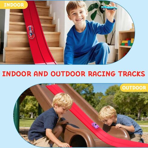 Flexible Race Car Ramp Track for Kids Toy 4 Small Race Cars and 8 Suction Cups Compatible with Hot Wheels and Diecast 1/64th Cars, Rolls Up Portable Racetrack for Ages 3 & Up (Red) in Saudi Arabia