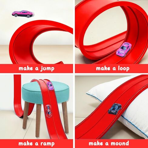 Flexible Race Car Ramp Track for Kids Toy 4 Small Race Cars and 8 Suction Cups Compatible with Hot Wheels and Diecast 1/64th Cars, Rolls Up Portable Racetrack for Ages 3 & Up (Red) in Saudi Arabia