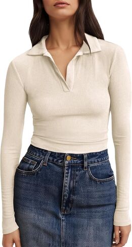 Tankaneo Womens Long Sleeve Shirts Casual V Neck Collared Slim Fit Ribbed Knit Solid Basic Tops T Shirt in Saudi Arabia