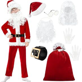 9PCS Santa Claus Costume for Kids: 5-12 Years Velvet Christmas Suit Set with Accessories for Holiday Party Cosplay in Saudi Arabia