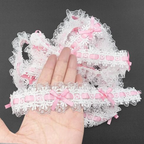 BETITETO القوس مطوي الدانتيل تقليم 3 ياردة Bowknot الشريط كشكش المطرزة الدانتيل حافة الزركشة للخياطة الزفاف الديكور فستان صد زي عصابات الرأس الحرف اليدوية (الدانتيل الأبيض القوس الوردي) in Saudi Arabia