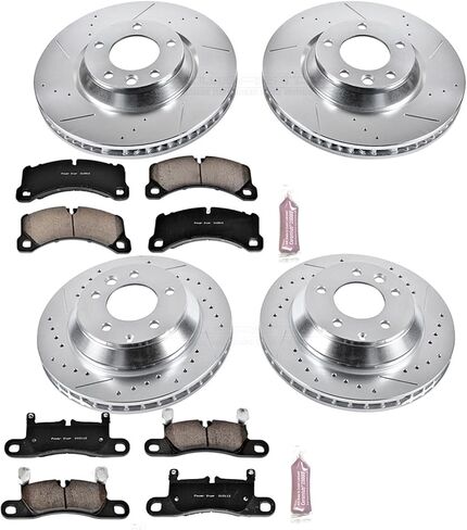 Power Stop K6050 Front and Rear Z23 Carbon Fiber Brake Pads with Drilled & Slotted Brake Rotors Kit and 2 Front & 2 Rear Sensor Wires For Porsche Cayenne 2011-2013 [Model Specific] in Saudi Arabia